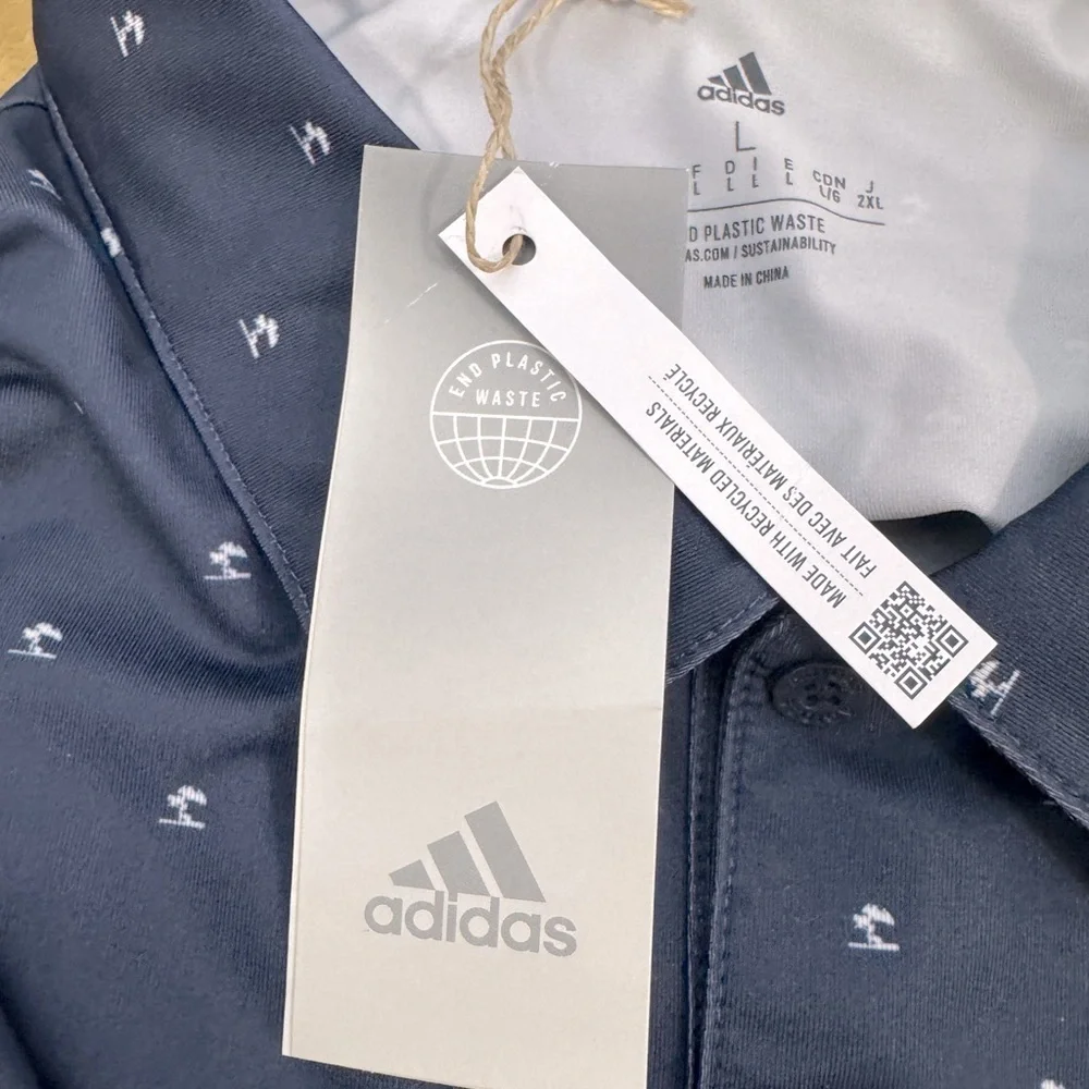 Men's Adidas Golf Polo Shirt Size L Navy Blue Pine Tree Print w/Accenture Logo - Picture 6 of 9